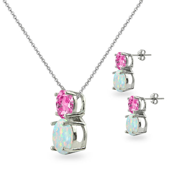 Sterling Silver Created Pink Sapphire & Created Opal Double Round Stud Earrings & Necklace Set