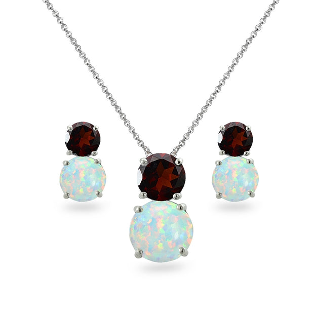 Sterling Silver Garnet & Created Opal Double Round Stud Earrings & Necklace Set
