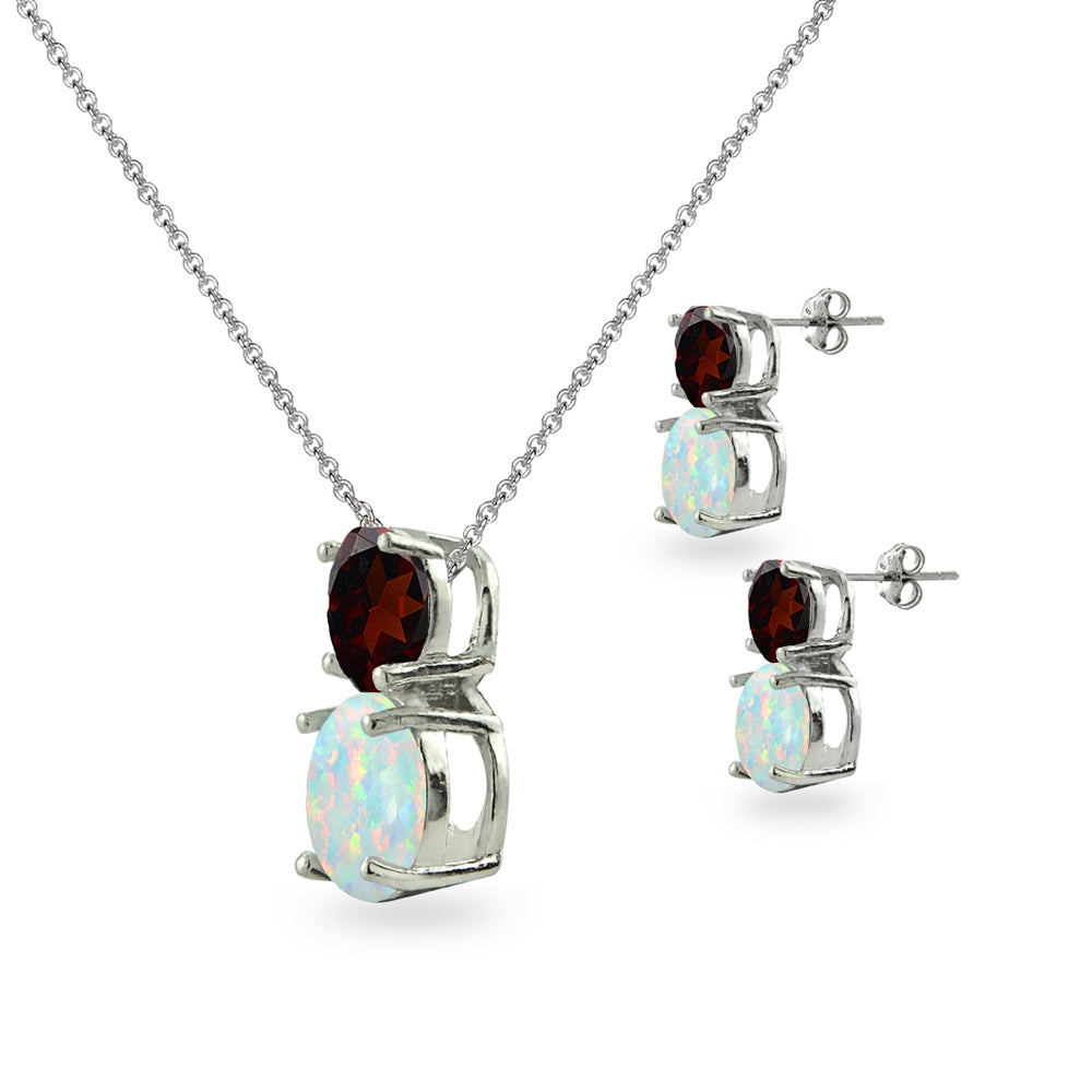 Sterling Silver Garnet & Created Opal Double Round Stud Earrings & Necklace Set-2