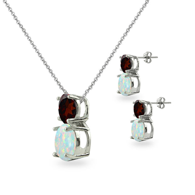 Sterling Silver Garnet & Created Opal Double Round Stud Earrings & Necklace Set
