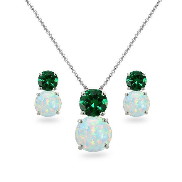 Sterling Silver Created Emerald & Created Opal Double Round Stud Earrings & Necklace Set