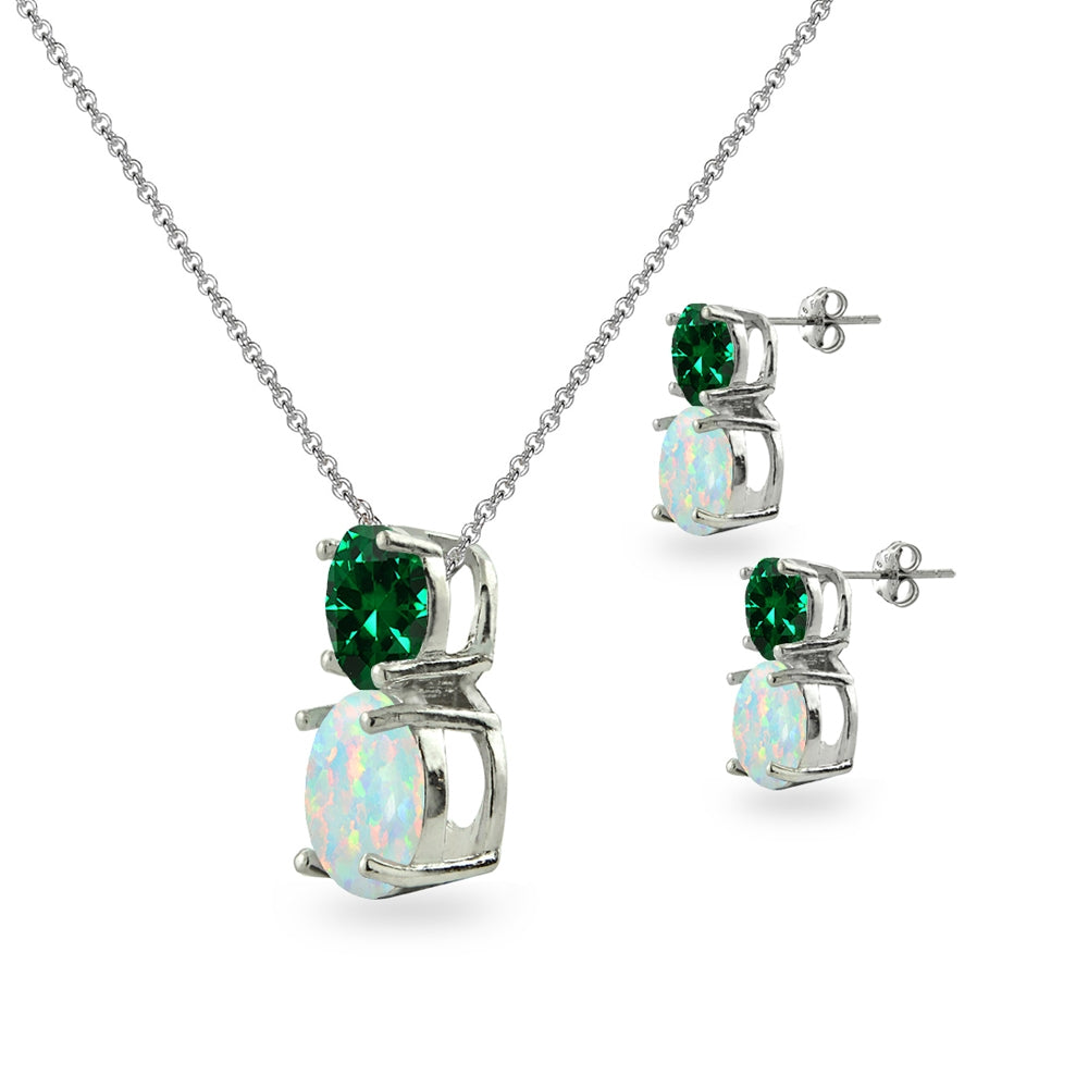 Sterling Silver Created Emerald & Created Opal Double Round Stud Earrings & Necklace Set-2