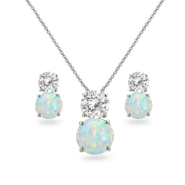 Sterling Silver White Topaz & Created Opal Double Round Stud Earrings & Necklace Set