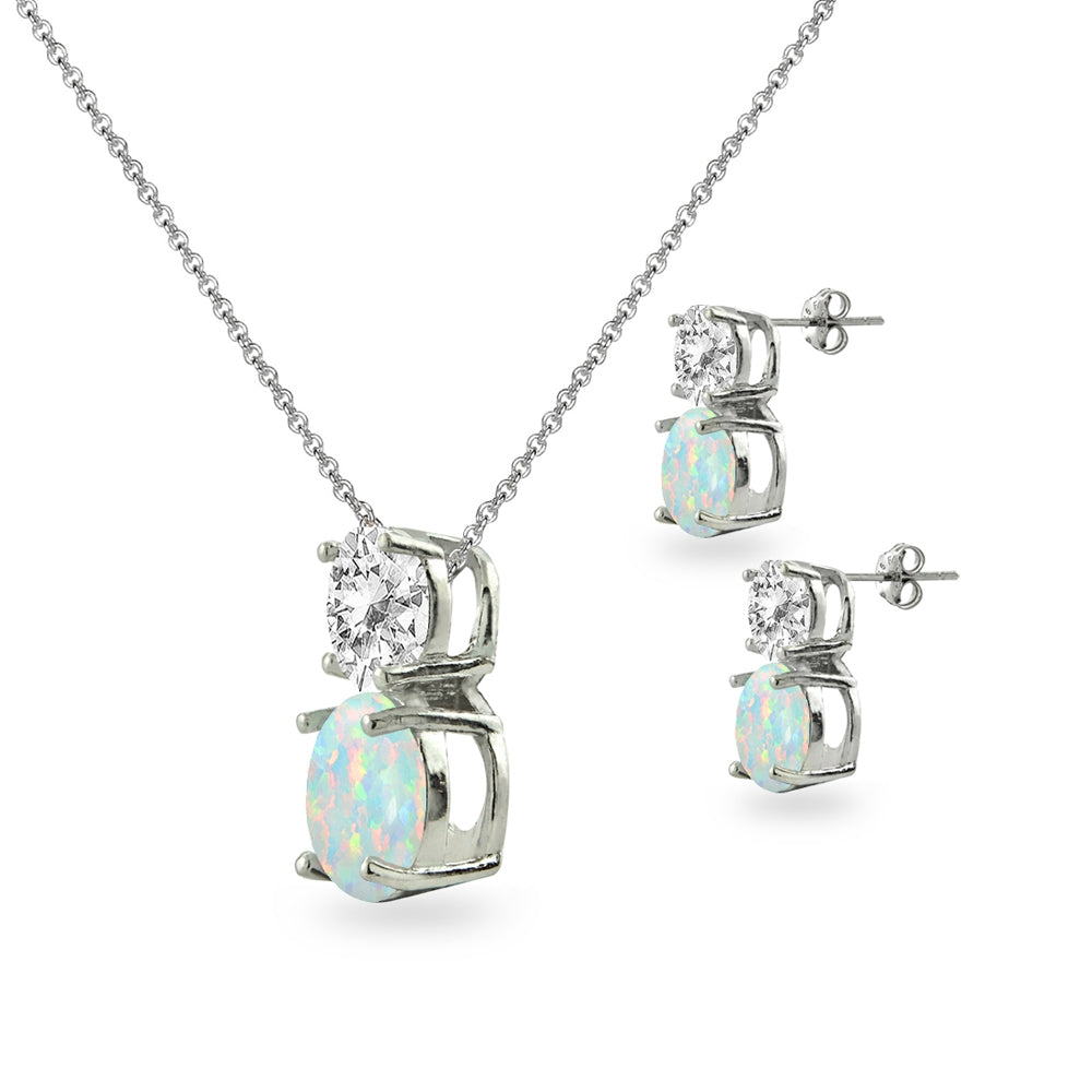 Sterling Silver White Topaz & Created Opal Double Round Stud Earrings & Necklace Set-2