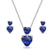 Sterling Silver Created Blue Sapphire Double Heart Friendship Necklace & Stud Earrings Set