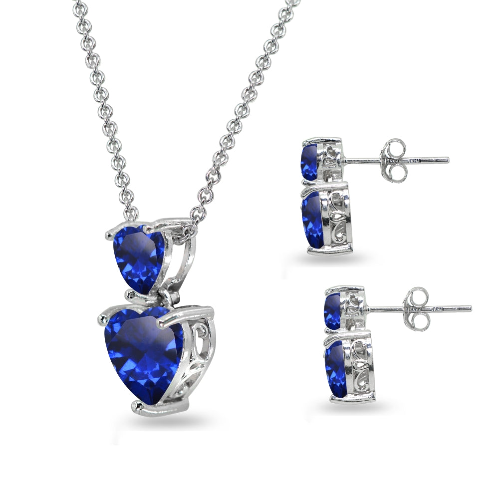 Sterling Silver Created Blue Sapphire Double Heart Friendship Necklace & Stud Earrings Set-2