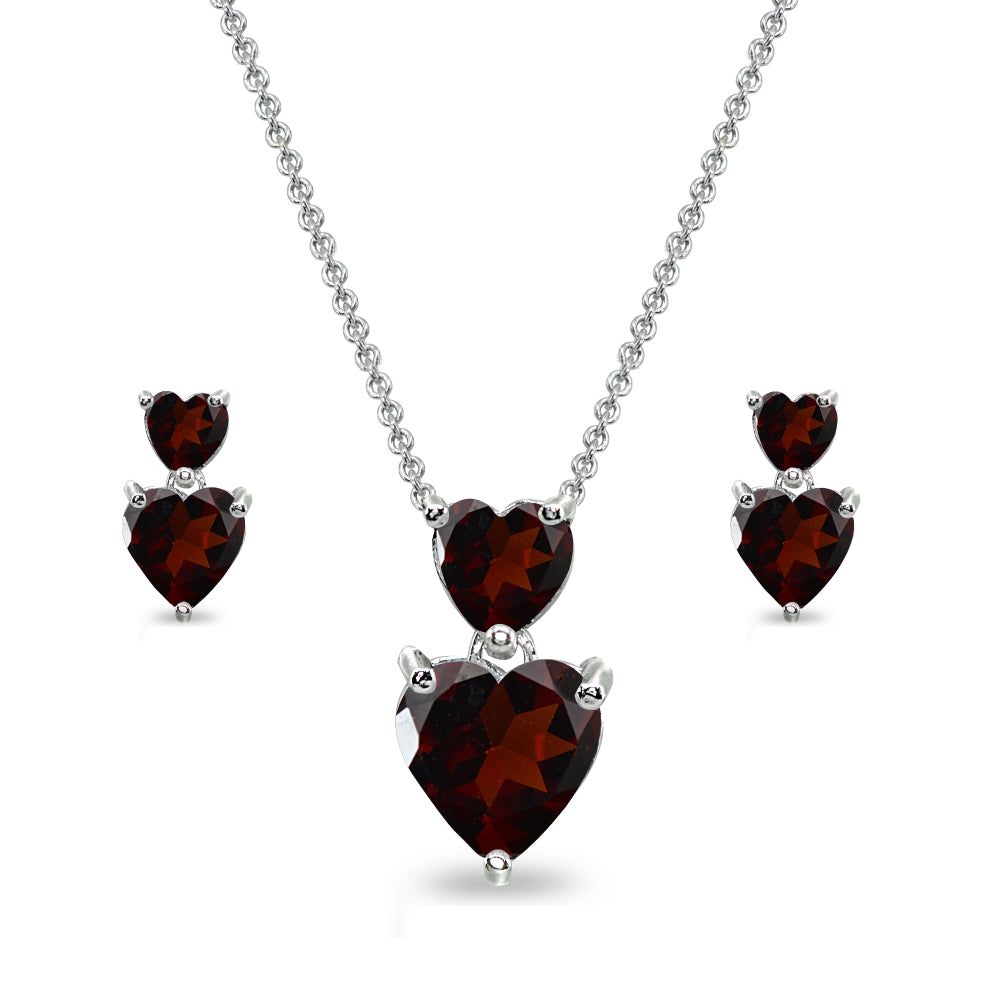 Sterling Silver Garnet Double Heart Friendship Necklace & Stud Earrings Set