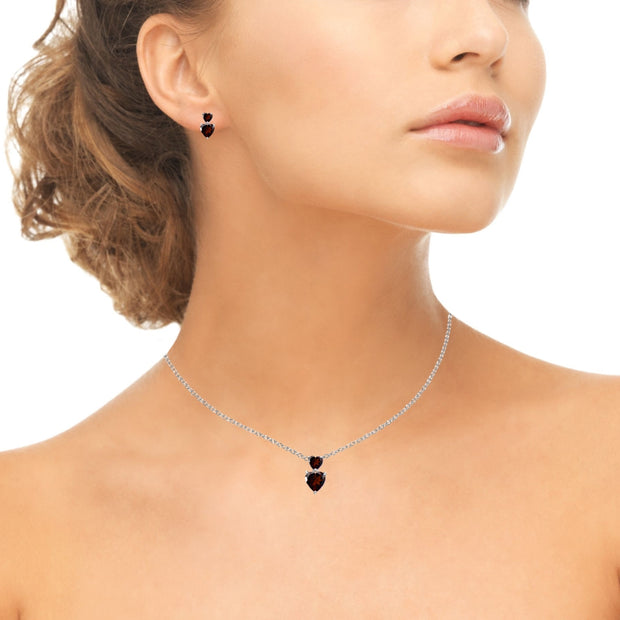 Sterling Silver Garnet Double Heart Friendship Necklace & Stud Earrings Set