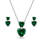Sterling Silver Simulated Emerald Double Heart Friendship Necklace & Stud Earrings Set