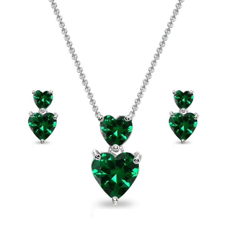 Sterling Silver Simulated Emerald Double Heart Friendship Necklace & Stud Earrings Set