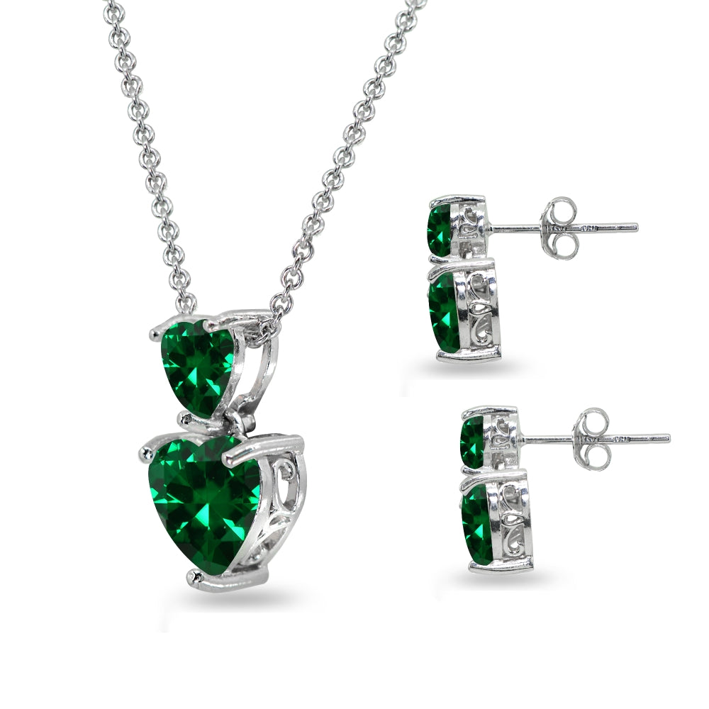 Sterling Silver Simulated Emerald Double Heart Friendship Necklace & Stud Earrings Set-2
