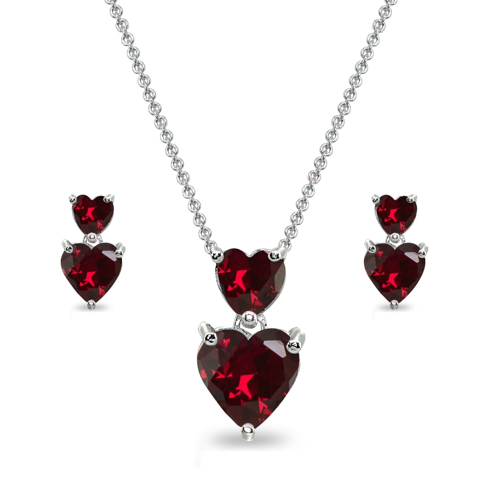 Sterling Silver Created Ruby Double Heart Friendship Necklace & Stud Earrings Set