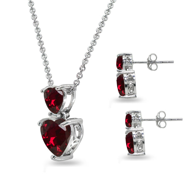 Sterling Silver Created Ruby Double Heart Friendship Necklace & Stud Earrings Set