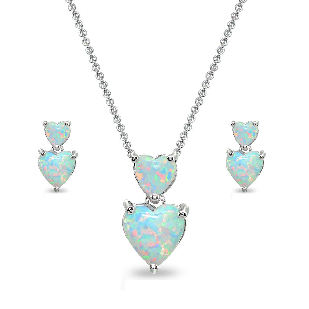 Sterling Silver Simulatd Opal Double Heart Friendship Necklace & Stud Earrings Set