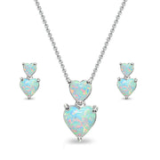 Sterling Silver Simulatd Opal Double Heart Friendship Necklace & Stud Earrings Set