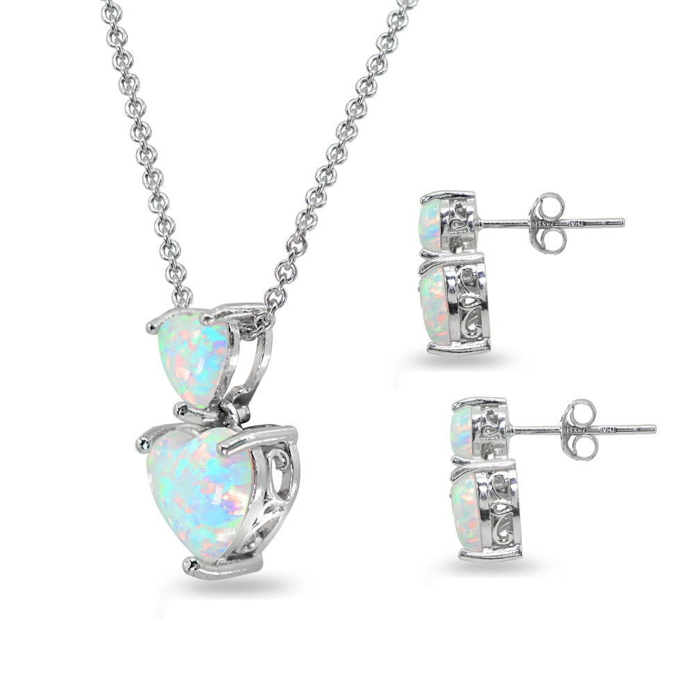 Sterling Silver Simulatd Opal Double Heart Friendship Necklace & Stud Earrings Set-2