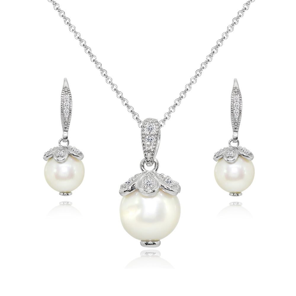 Sterling Silver Created White Pearl Leverback Earrings & Necklace Set with White Topaz Accents