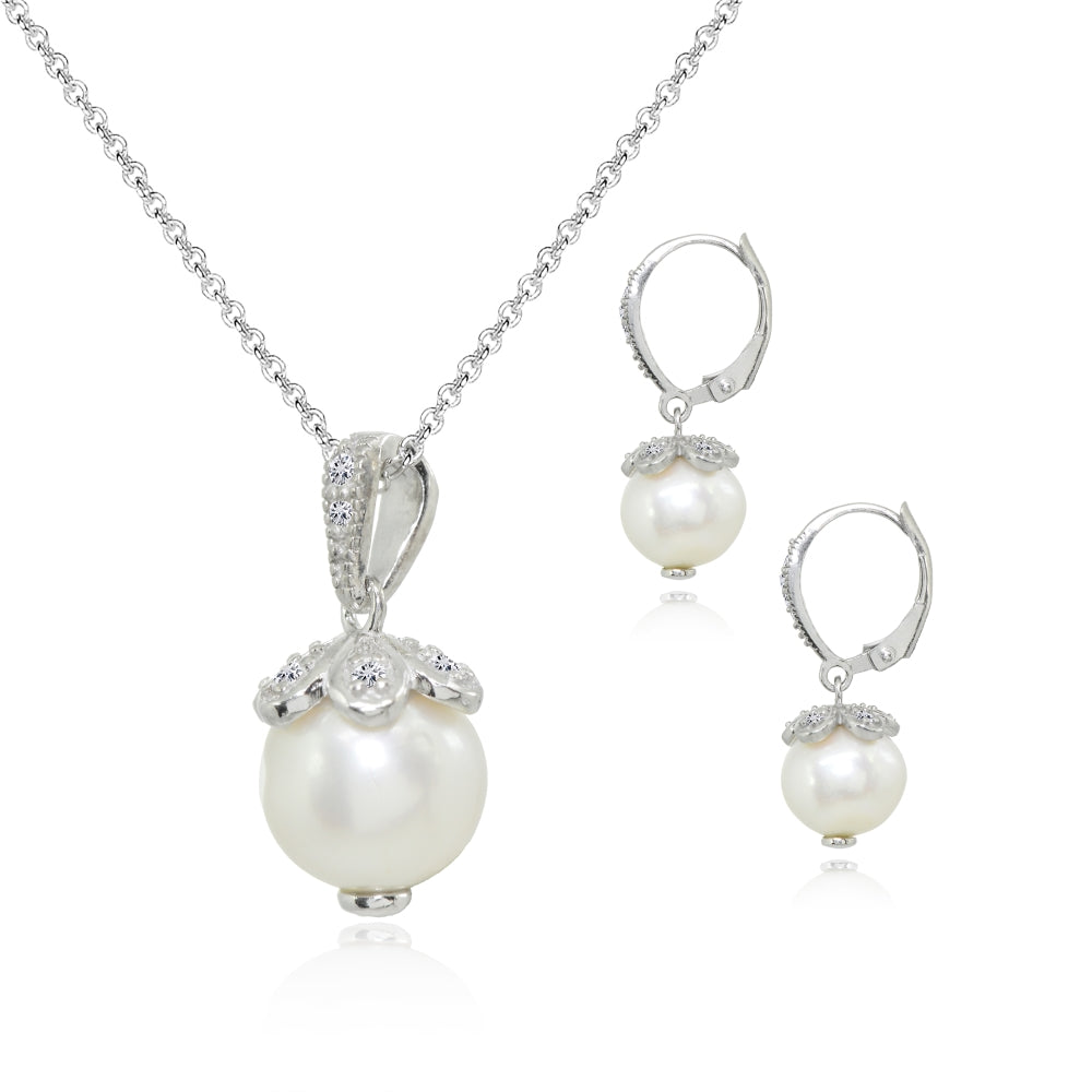 Sterling Silver Created White Pearl Leverback Earrings & Necklace Set with White Topaz Accents-2