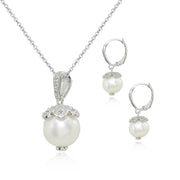 Sterling Silver Created White Pearl Leverback Earrings & Necklace Set with White Topaz Accents