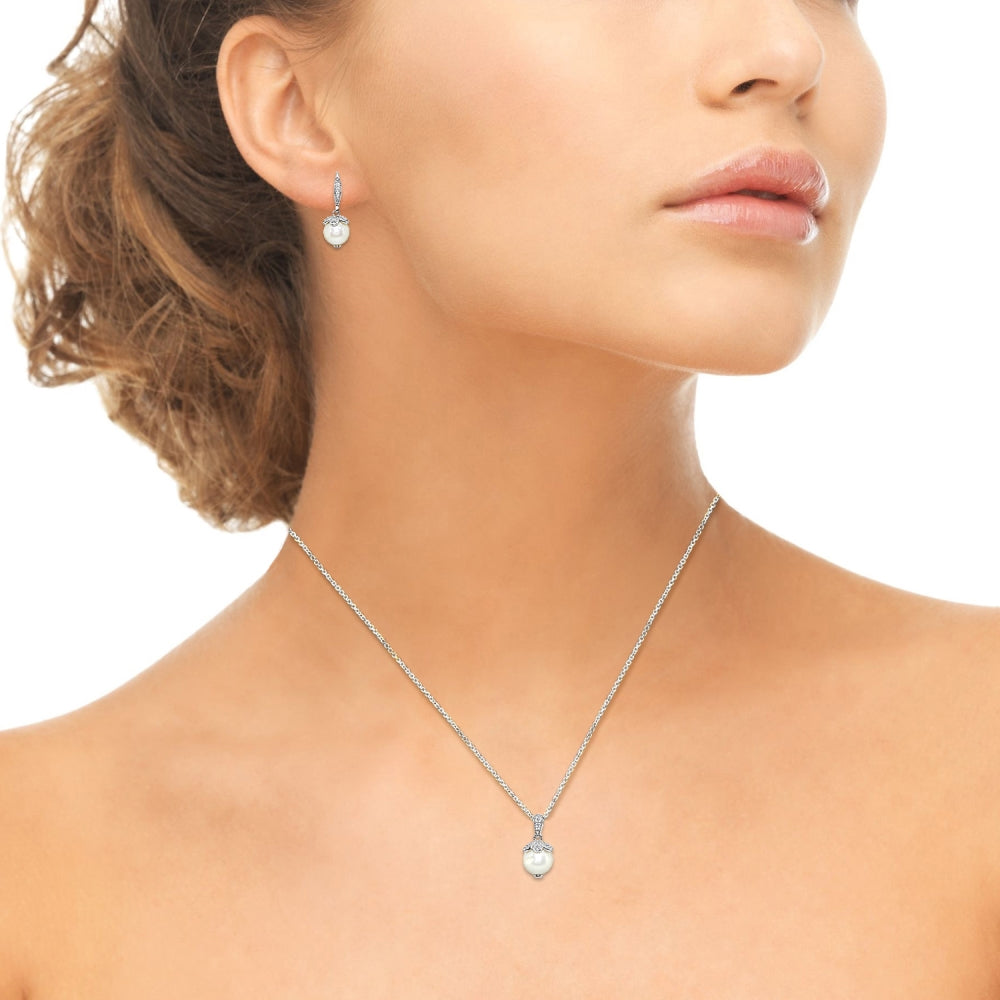 Sterling Silver Created White Pearl Leverback Earrings & Necklace Set with White Topaz Accents-3