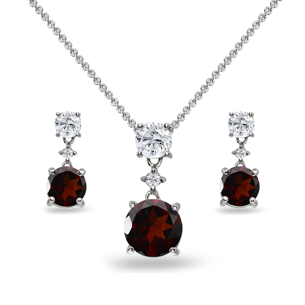 Sterling Silver Garnet & White Topaz Round Three Stone Dangling Necklace & Stud Earrings Set