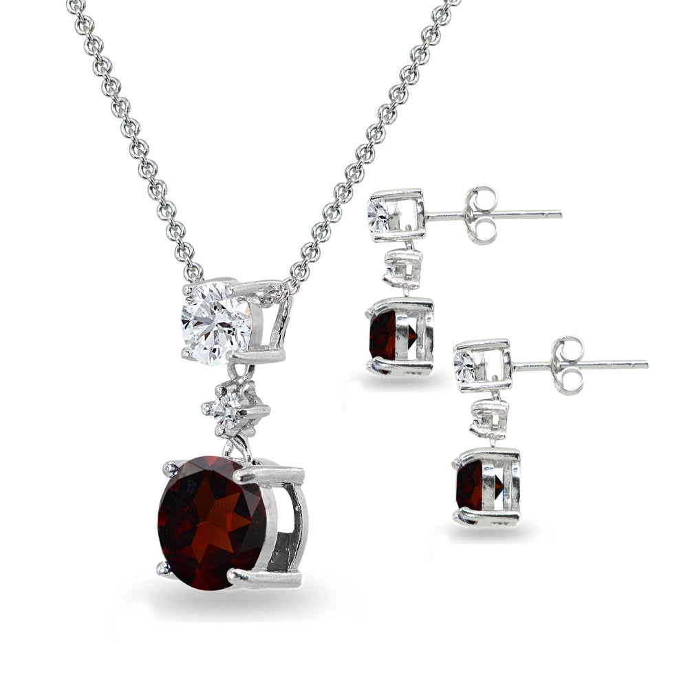 Sterling Silver Garnet & White Topaz Round Three Stone Dangling Necklace & Stud Earrings Set-2