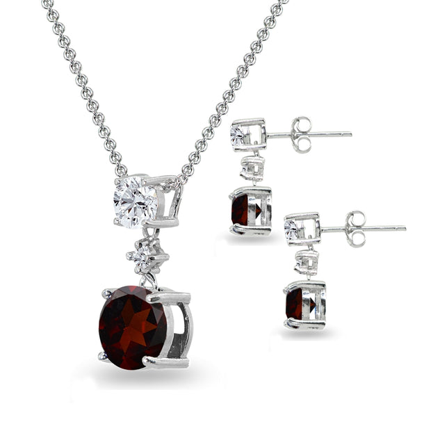 Sterling Silver Garnet & White Topaz Round Three Stone Dangling Necklace & Stud Earrings Set