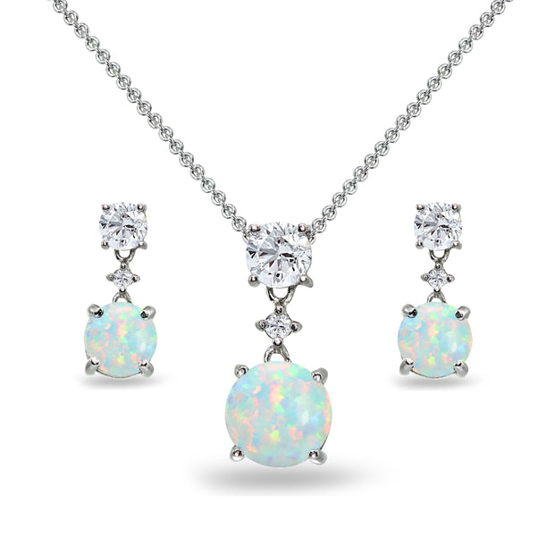 Sterling Silver Created White Opal & Topaz Round Three Stone Dangling Necklace & Stud Earrings Set