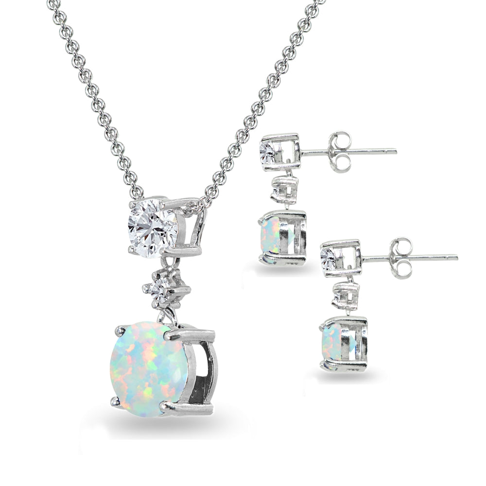 Sterling Silver Created White Opal & Topaz Round Three Stone Dangling Necklace & Stud Earrings Set-2
