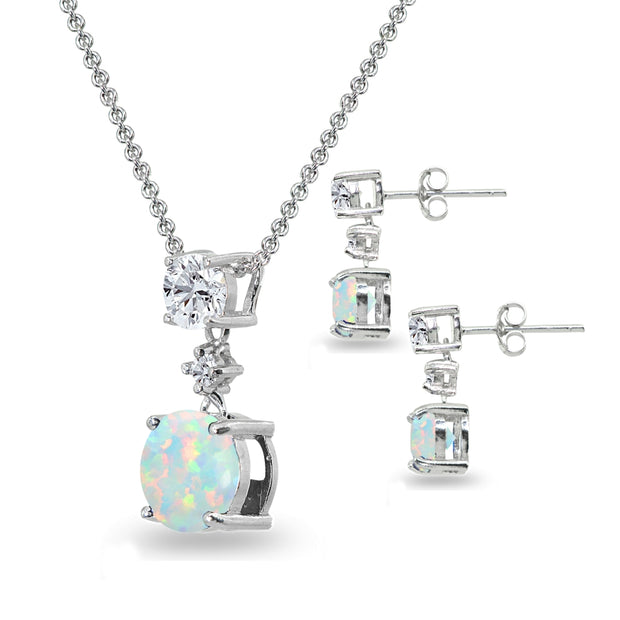 Sterling Silver Created White Opal & Topaz Round Three Stone Dangling Necklace & Stud Earrings Set