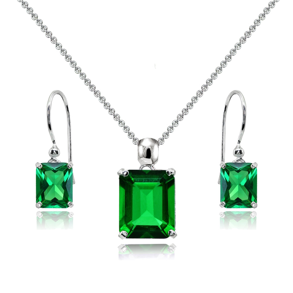 Sterling Silver Simulated Emerald Octagon-Cut Solitaire Drop Dangle Earrings & Necklace Set