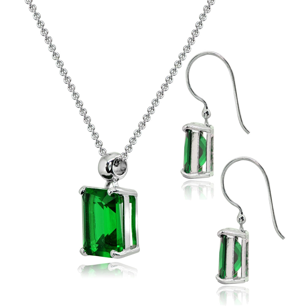 Sterling Silver Simulated Emerald Octagon-Cut Solitaire Drop Dangle Earrings & Necklace Set-2