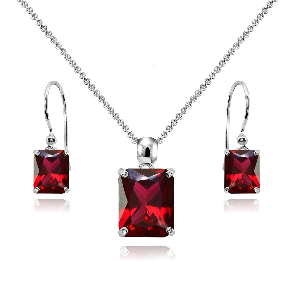 Sterling Silver Created Ruby Octagon-Cut Solitaire Drop Dangle Earrings & Necklace Set