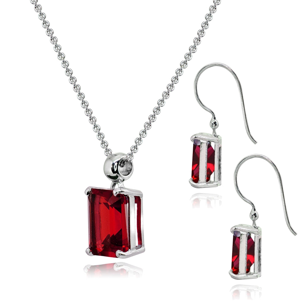 Sterling Silver Created Ruby Octagon-Cut Solitaire Drop Dangle Earrings & Necklace Set-2