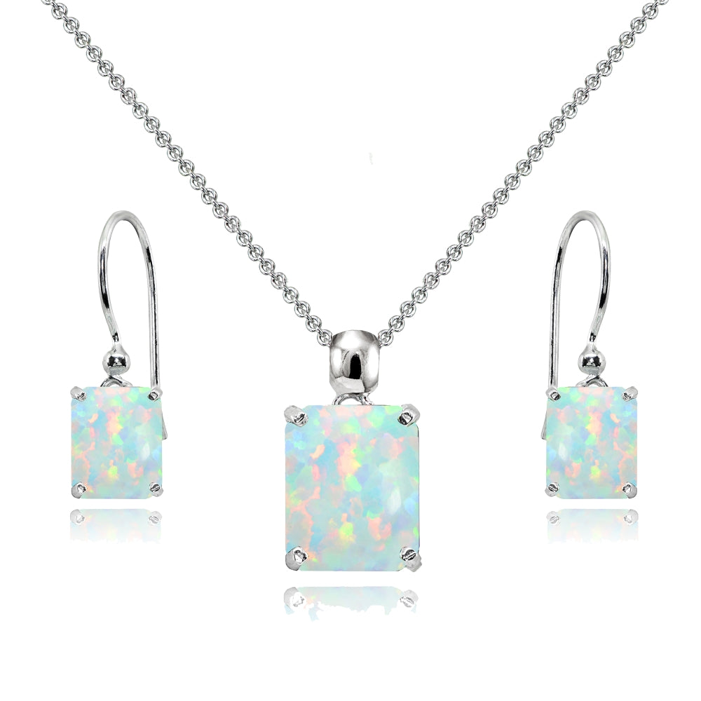 Sterling Silver Created White Opal Octagon-Cut Solitaire Drop Dangle Earrings & Necklace Set