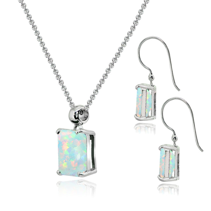 Sterling Silver Created White Opal Octagon-Cut Solitaire Drop Dangle Earrings & Necklace Set