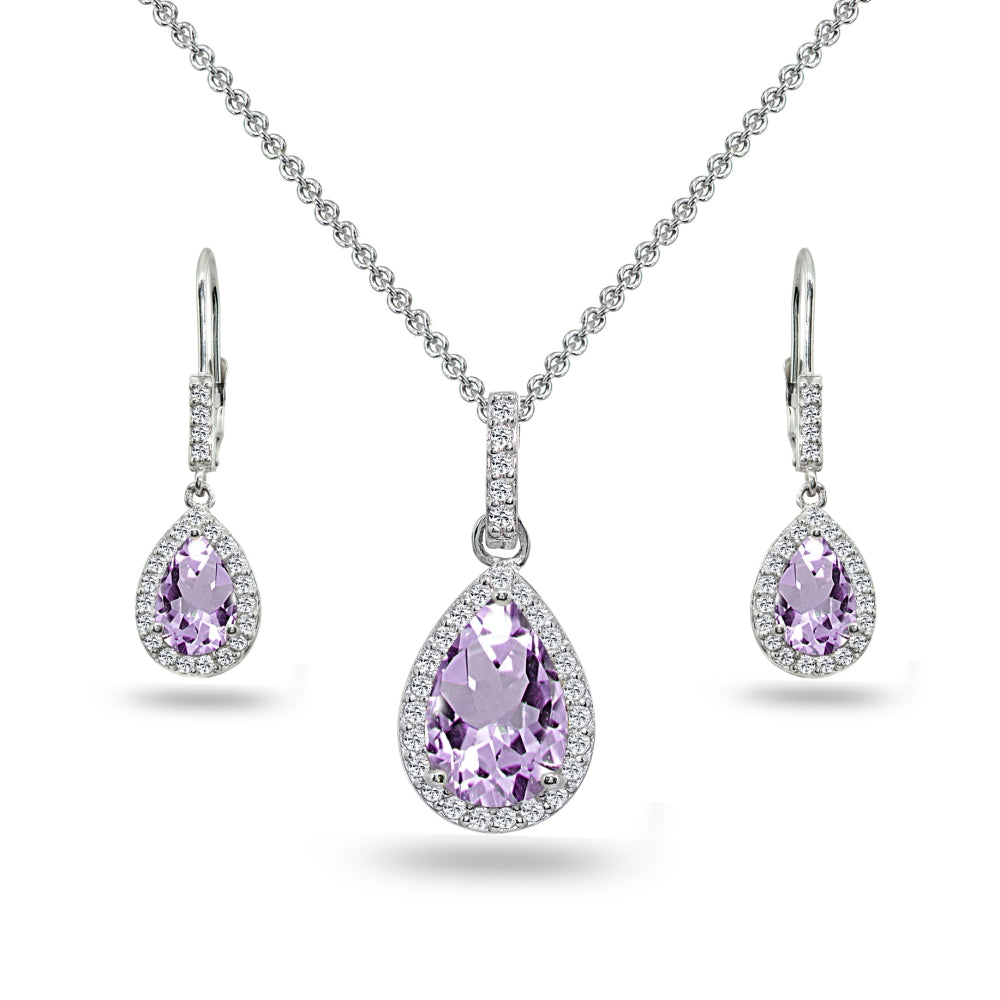 Sterling Silver Amethyst & White Topaz Teardrop Halo Dangling Necklace & Leverback Earrings