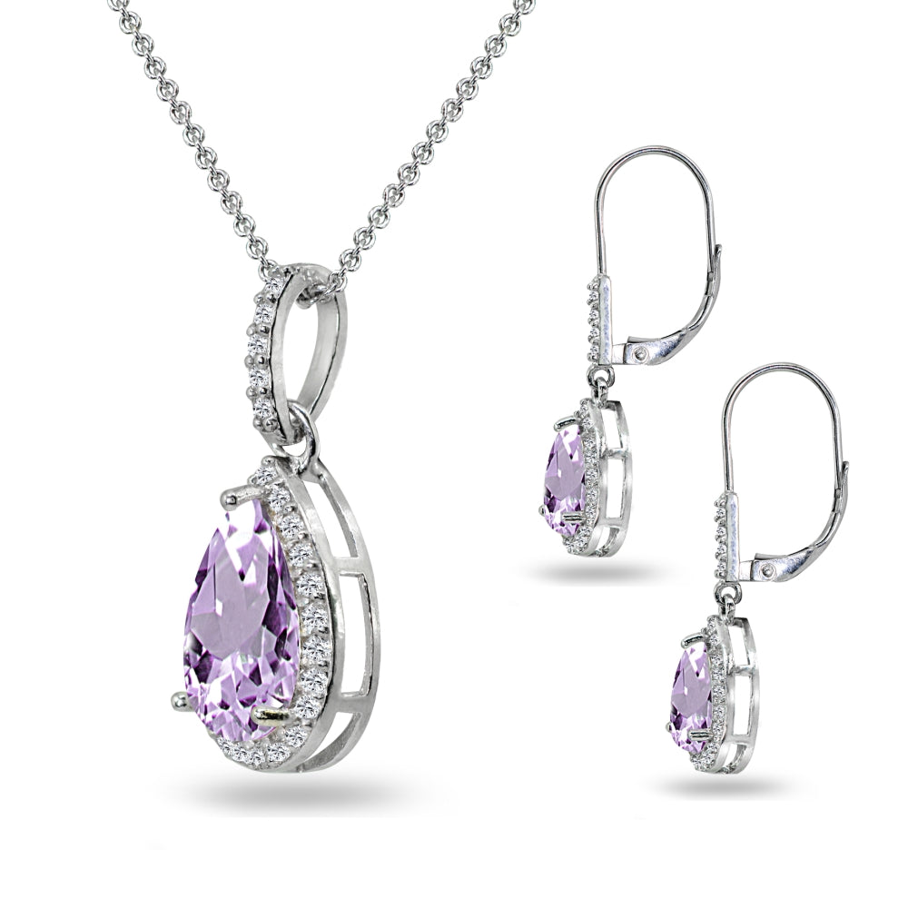 Sterling Silver Amethyst & White Topaz Teardrop Halo Dangling Necklace & Leverback Earrings-2