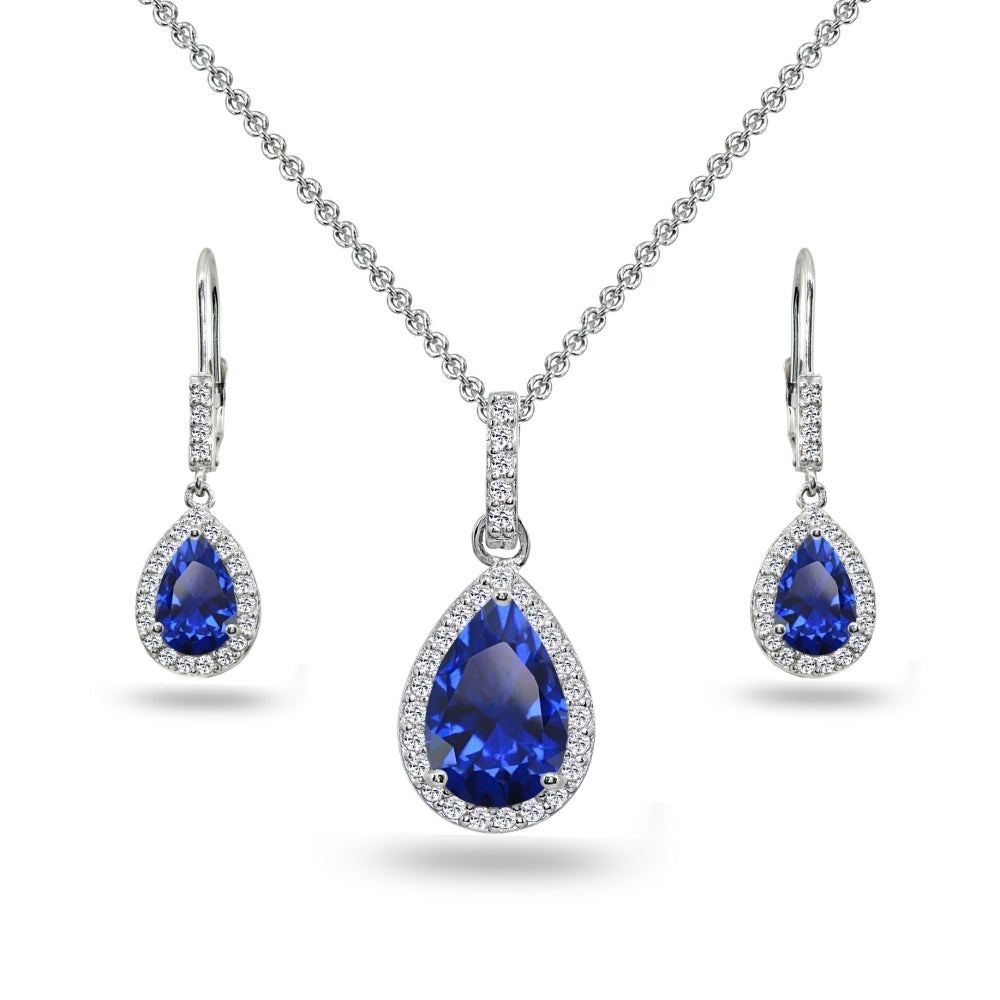 Sterling Silver Created Blue Sapphire & White Topaz Teardrop Halo Dangling Necklace & Leverback Earrings