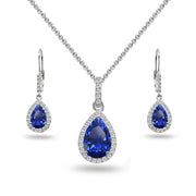 Sterling Silver Created Blue Sapphire & White Topaz Teardrop Halo Dangling Necklace & Leverback Earrings