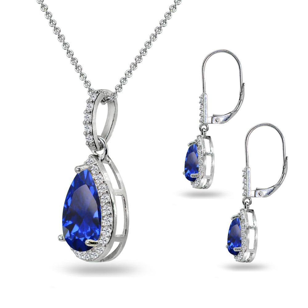 Sterling Silver Created Blue Sapphire & White Topaz Teardrop Halo Dangling Necklace & Leverback Earrings-2