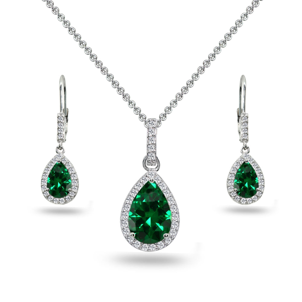 Sterling Silver Created Emerald & White Topaz Teardrop Halo Dangling Necklace & Leverback Earrings