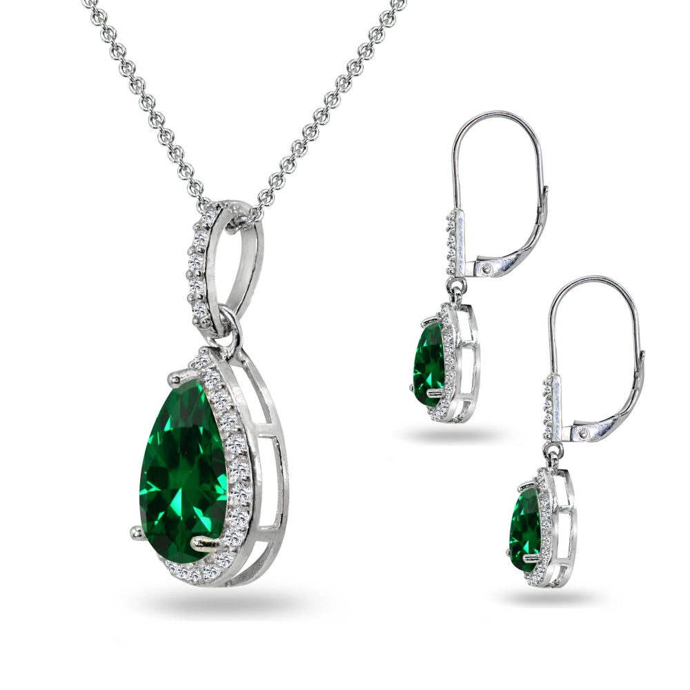 Sterling Silver Created Emerald & White Topaz Teardrop Halo Dangling Necklace & Leverback Earrings-2