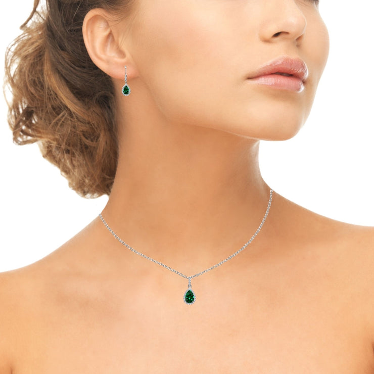 Sterling Silver Created Emerald & White Topaz Teardrop Halo Dangling Necklace & Leverback Earrings