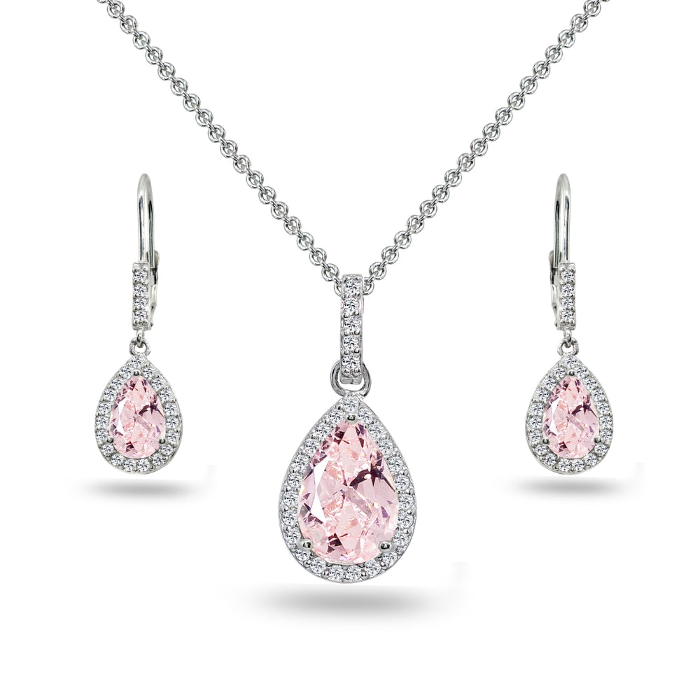 Sterling Silver Created Morganite & White Topaz Teardrop Halo Dangling Necklace & Leverback Earrings