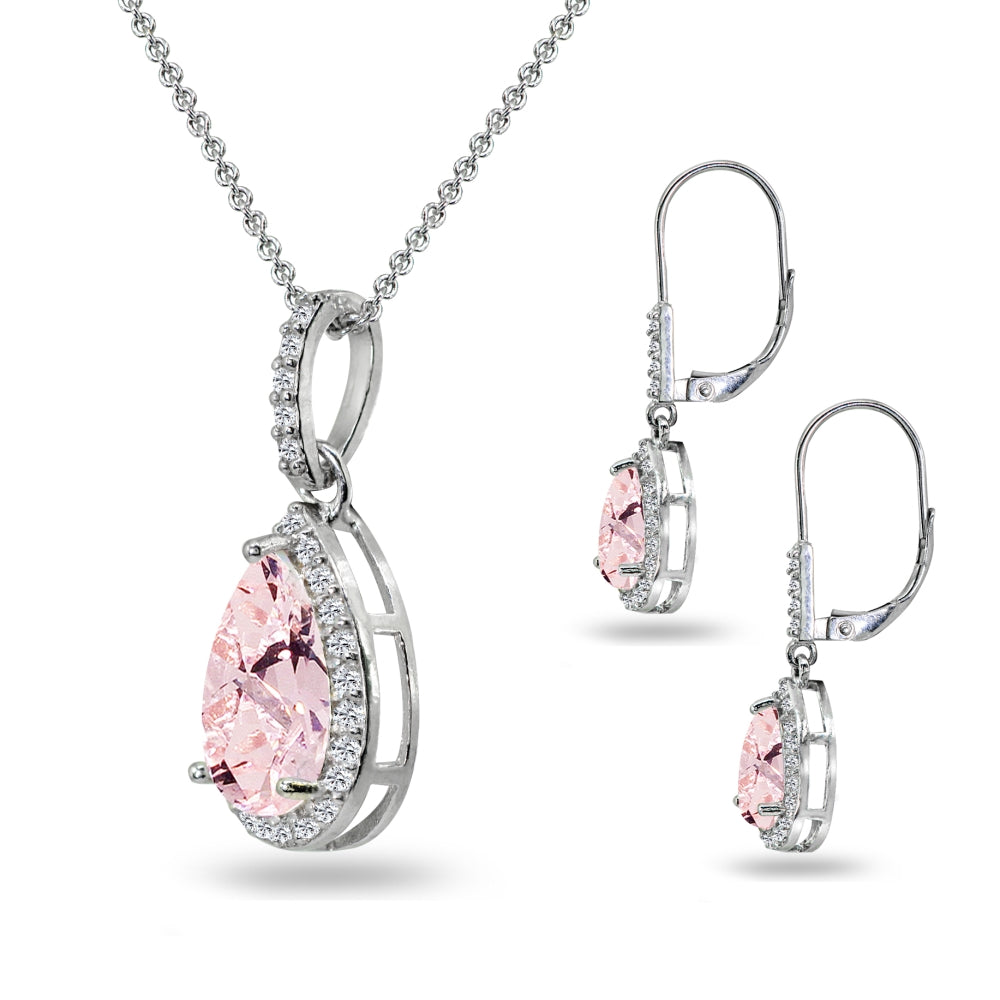 Sterling Silver Created Morganite & White Topaz Teardrop Halo Dangling Necklace & Leverback Earrings-2