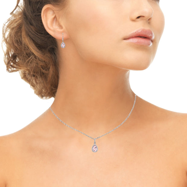 Sterling Silver Created Morganite & White Topaz Teardrop Halo Dangling Necklace & Leverback Earrings