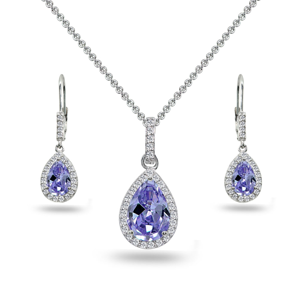 Sterling Silver Created Tanzanite & White Topaz Teardrop Halo Dangling Necklace & Leverback Earrings
