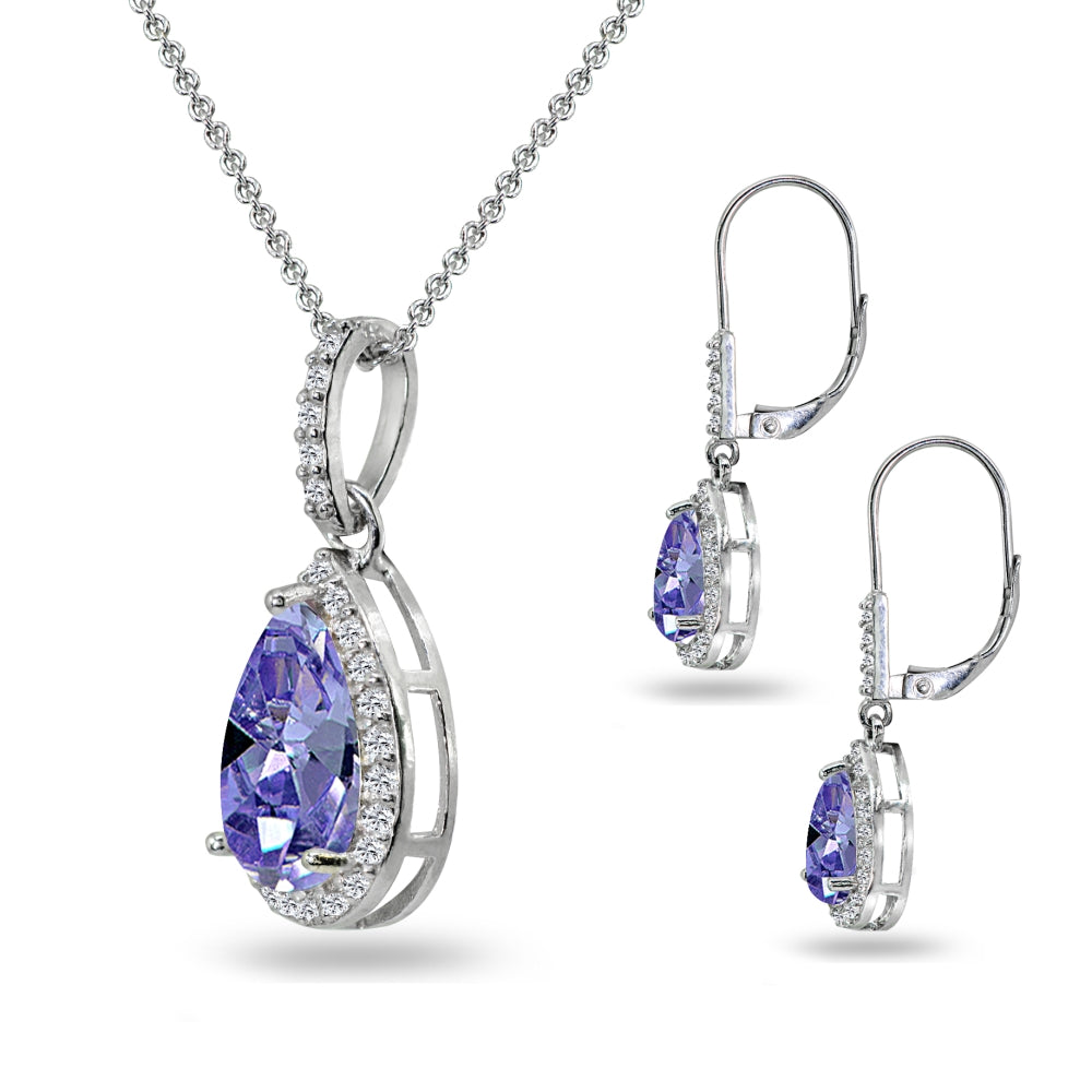 Sterling Silver Created Tanzanite & White Topaz Teardrop Halo Dangling Necklace & Leverback Earrings-2