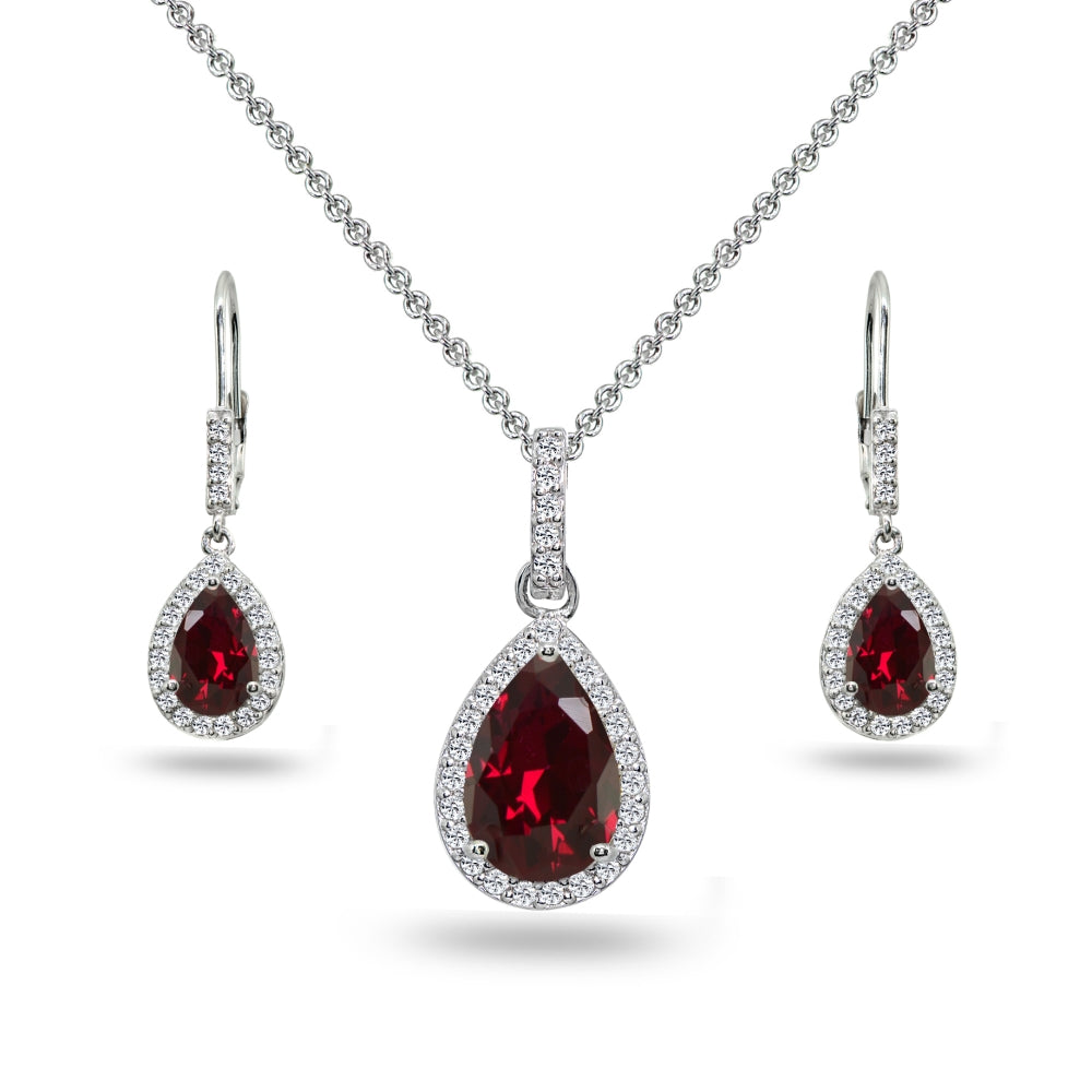 Sterling Silver Created Ruby & White Topaz Teardrop Halo Dangling Necklace & Leverback Earrings